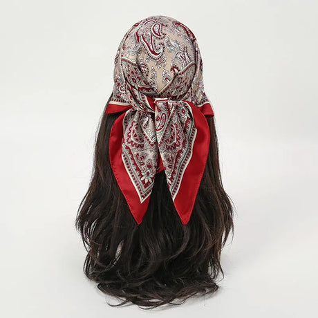 Red Gray Bohemian Satin Head Wrap Square Silk Scarf