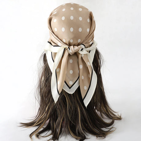 Brown White Bohemian Satin Head Wrap Square Silk Scarf
