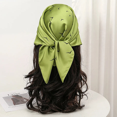 Green Bohemian Satin Head Wrap Square Silk Scarf