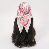 White Pink Bohemian Satin Head Wrap Square Silk Scarf