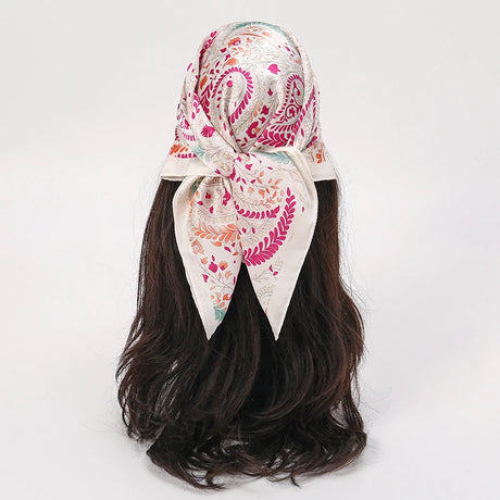 White Pink Bohemian Satin Head Wrap Square Silk Scarf