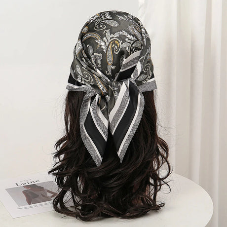 Gray Bohemian Satin Head Wrap Square Silk Scarf