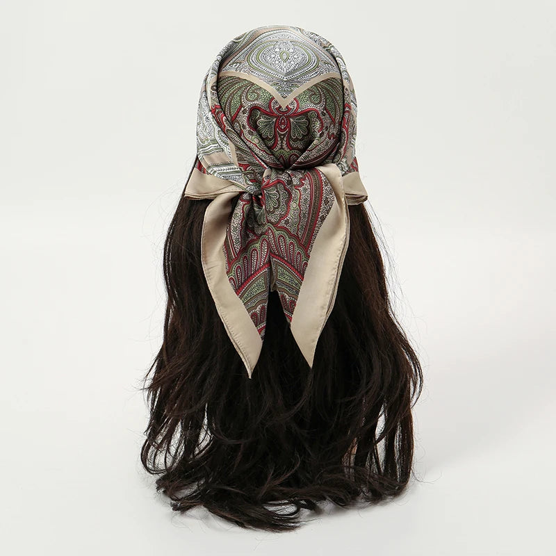 Gray White Bohemian Satin Head Wrap Square Silk Scarf