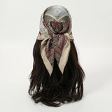 Gray White Bohemian Satin Head Wrap Square Silk Scarf
