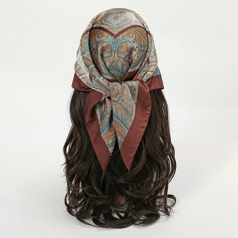Brown Bohemian Satin Head Wrap Square Silk Scarf