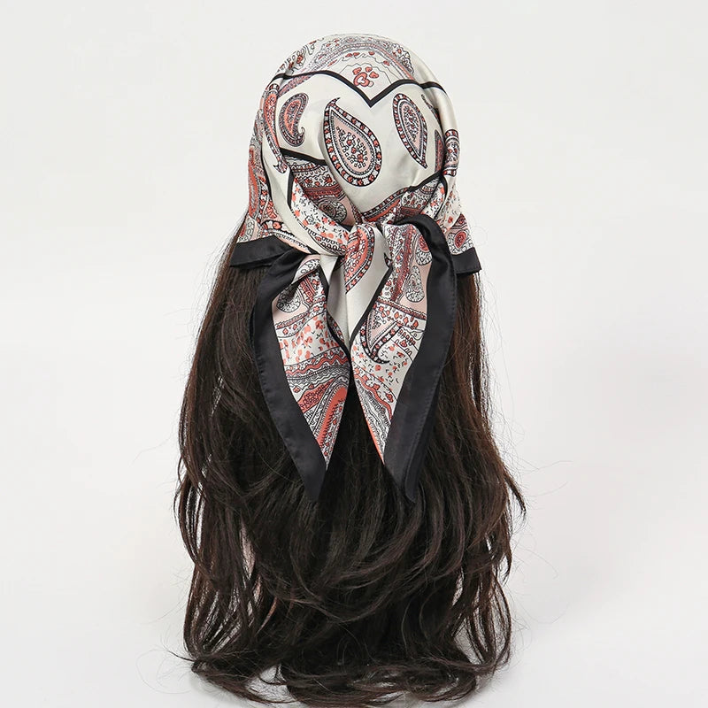 Black White Bohemian Satin Head Wrap Square Silk Scarf
