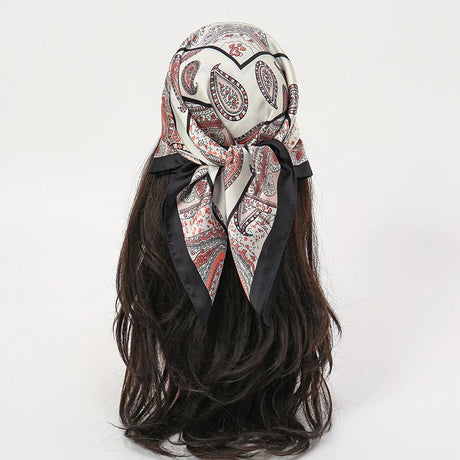 Black White Bohemian Satin Head Wrap Square Silk Scarf