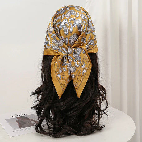 Gold Bohemian Satin Head Wrap Square Silk Scarf