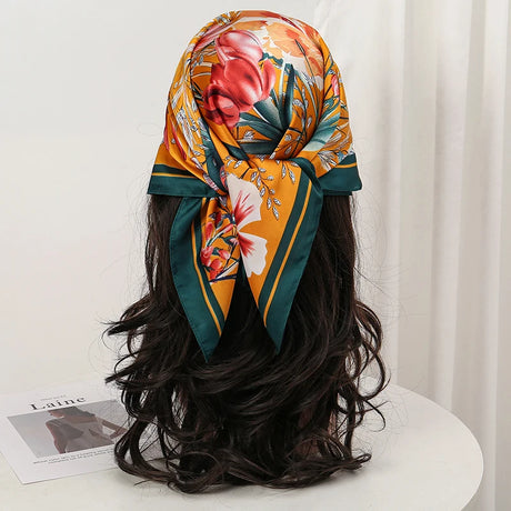 Green Orange Bohemian Satin Head Wrap Square Silk Scarf
