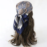 Blue Gray Bohemian Satin Head Wrap Square Silk Scarf