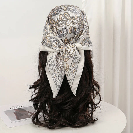 Gray White Bohemian Satin Head Wrap Square Silk Scarf