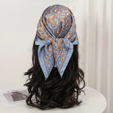 Blue Gray Bohemian Satin Head Wrap Square Silk Scarf