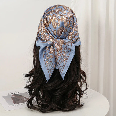 Blue Gray Bohemian Satin Head Wrap Square Silk Scarf