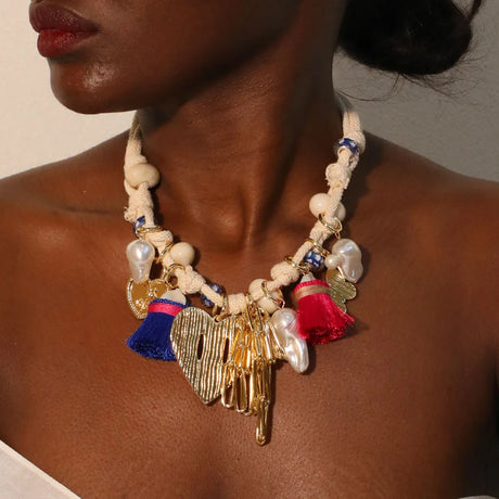 Model Using Bohemian Statement Beads & Hearts Necklace