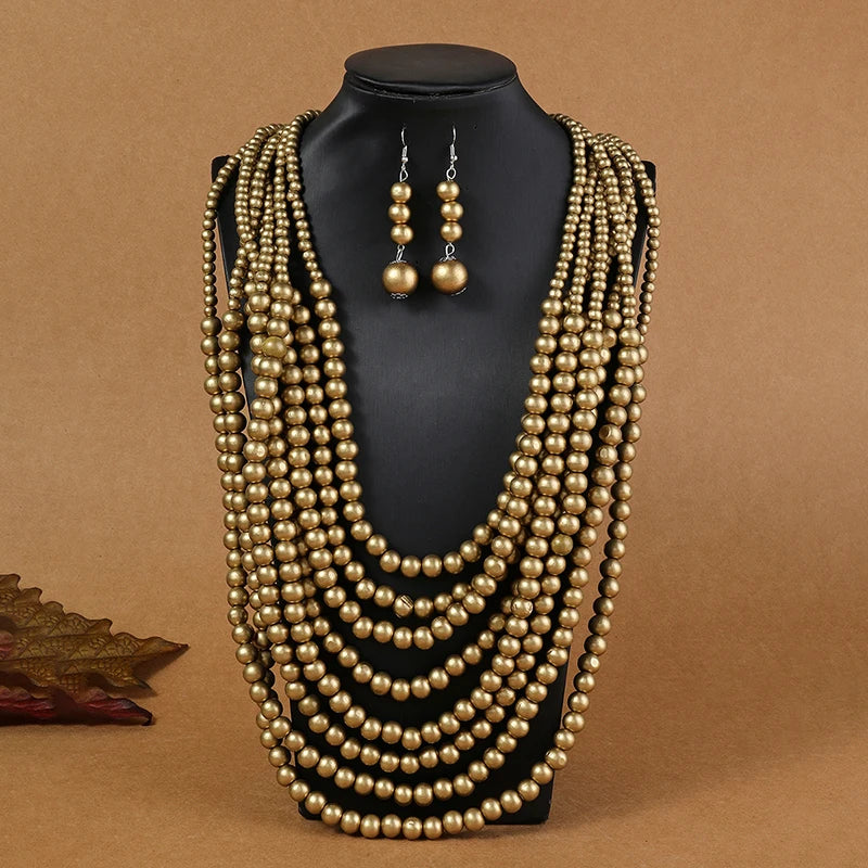 Bohemian Style Multi-Layer Wooden Bead Jewelry Set gold color