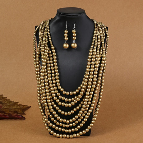 Bohemian Style Multi-Layer Wooden Bead Jewelry Set gold color
