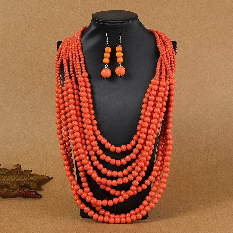 Bohemian Style Multi-Layer Wooden Bead Jewelry Set orange