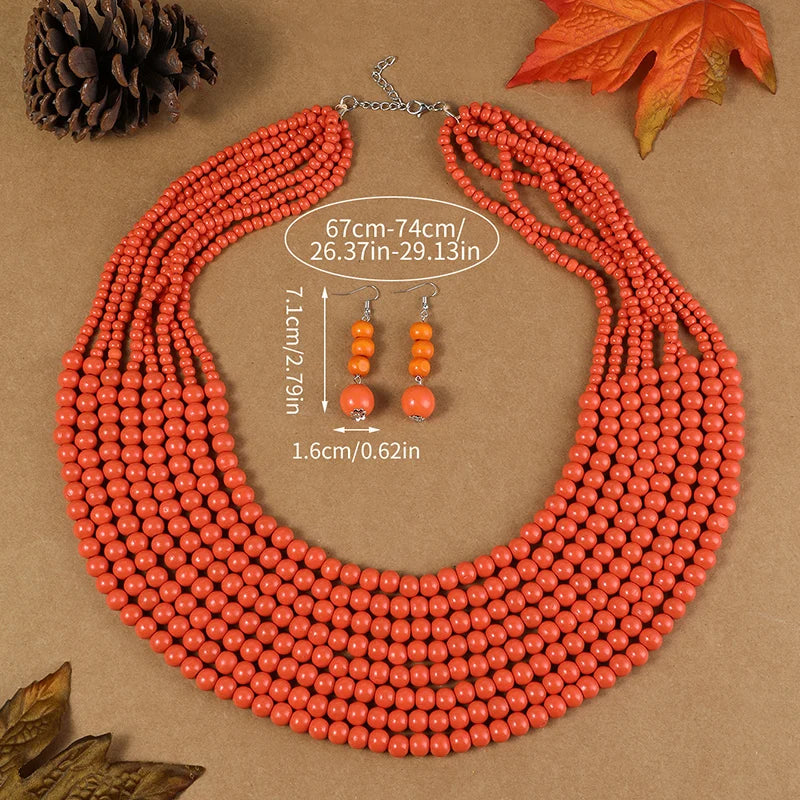 Bohemian Style Multi-Layer Wooden Bead Jewelry Set orange size