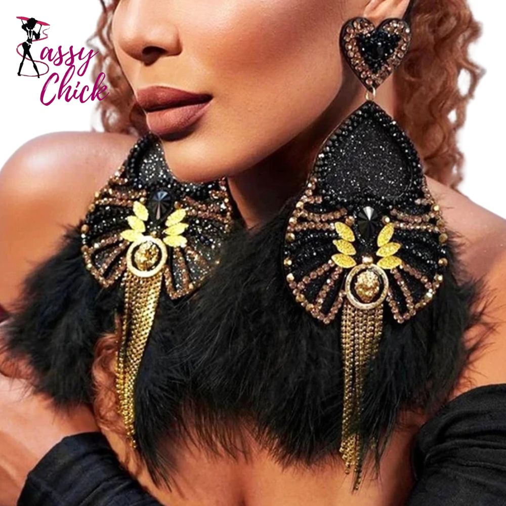 Boho-Chic Statement Feather Drag Earrings Sassy Chick Logo