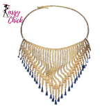 Boho blue rhinestone flapper headpiece with tassels and forehead chain. Sassy Chick