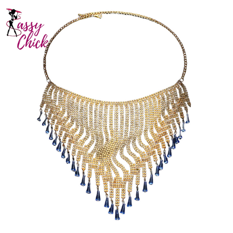 Boho blue rhinestone flapper headpiece with tassels and forehead chain. Sassy Chick