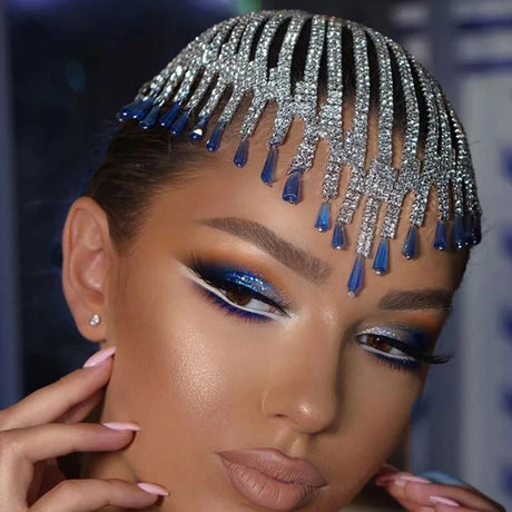 Boho blue rhinestone flapper headpiece with tassels and forehead chain. Sassy Chick