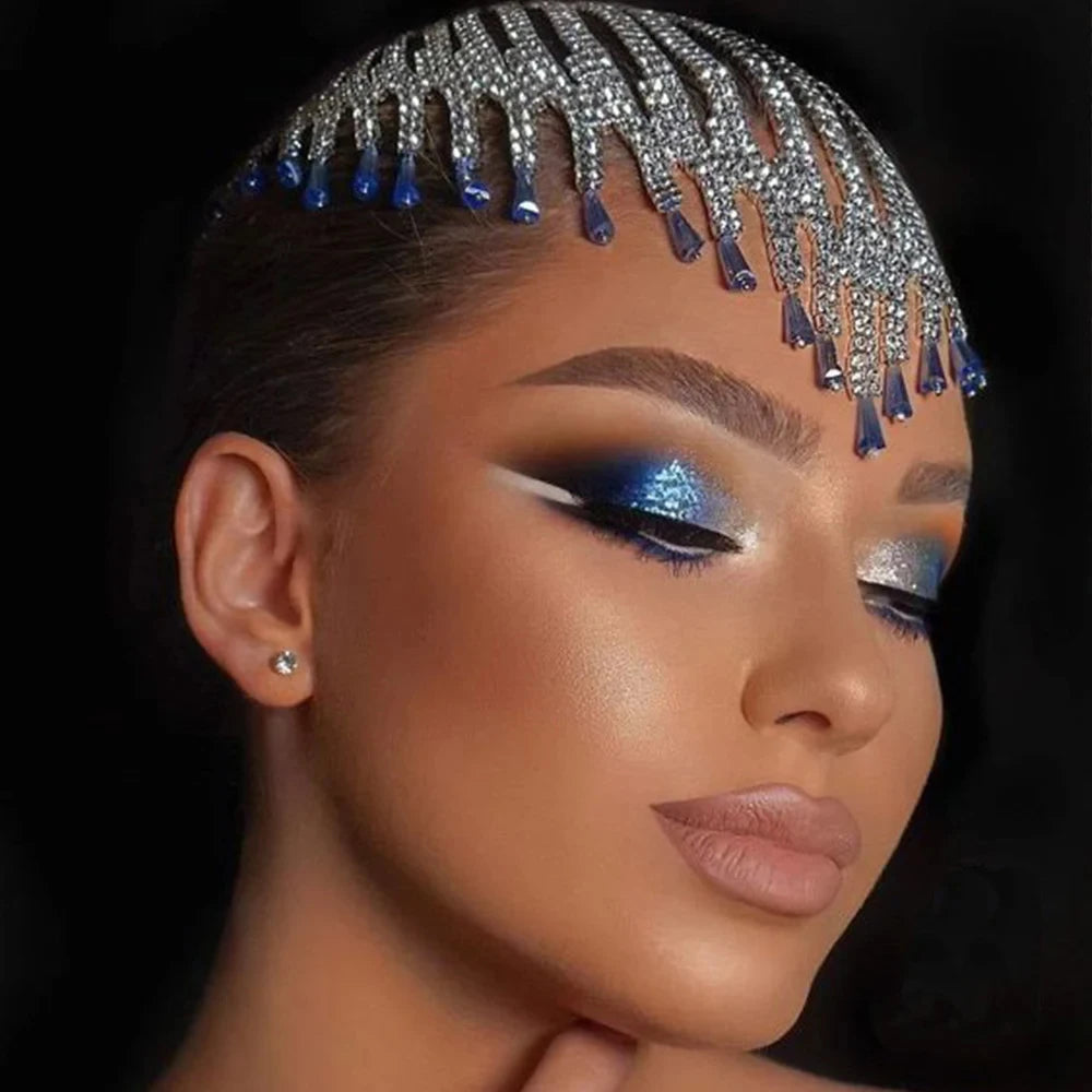 Model using Boho Blue Rhinestone Tassel Headpiece