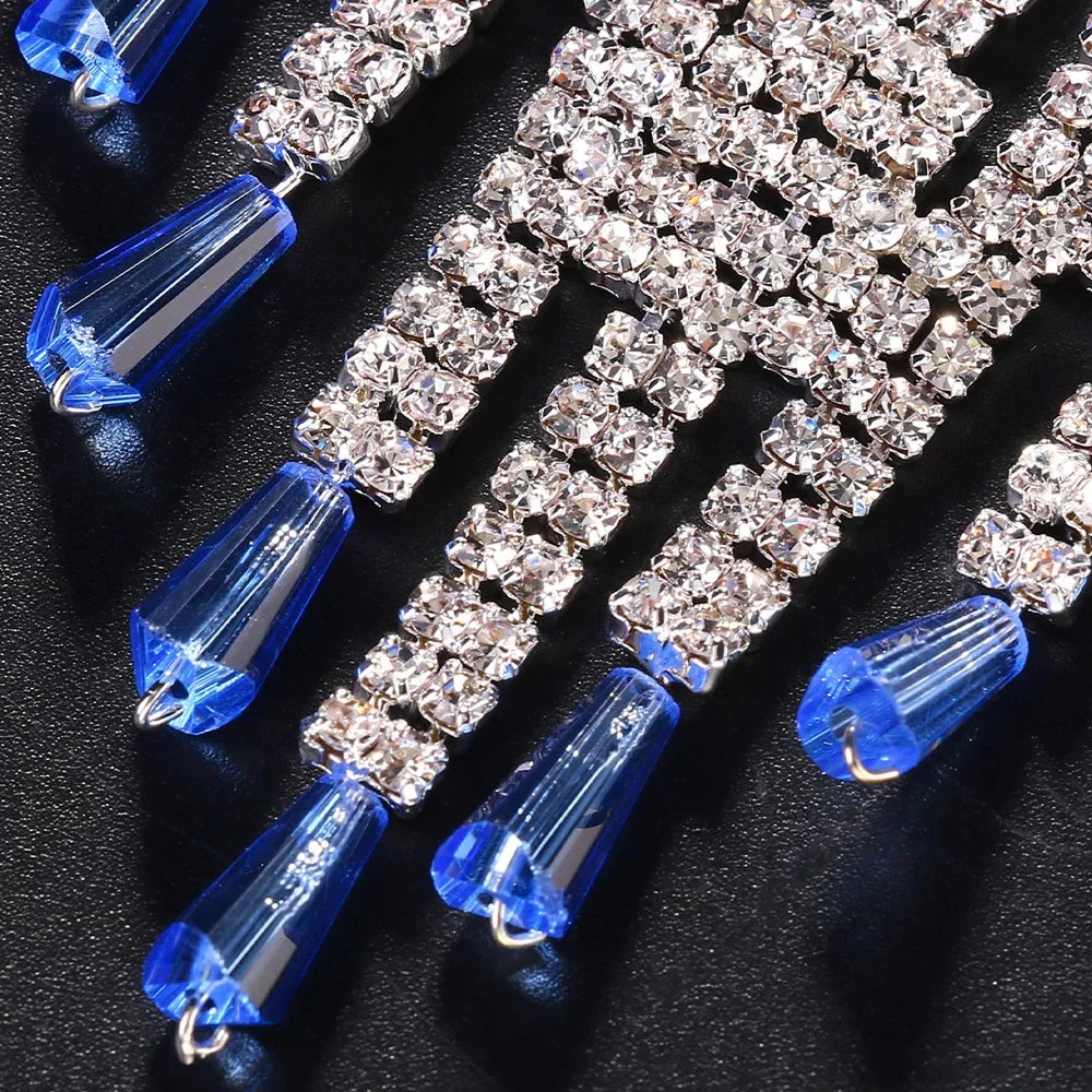 closed up Boho Blue Rhinestone Tassel Headpiece