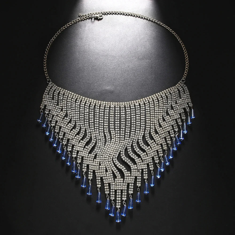 Silver Boho Blue Rhinestone Tassel Headpiece