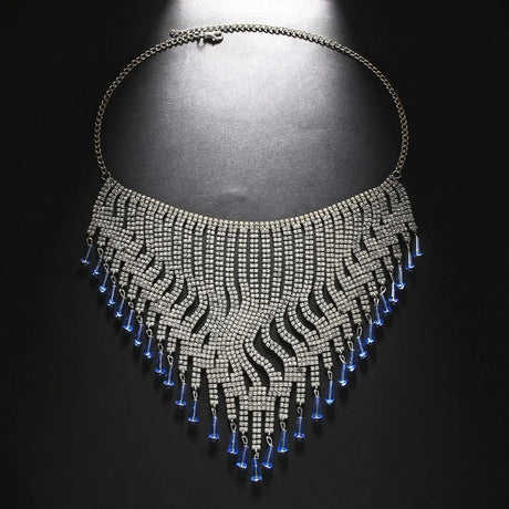 Silver Boho Blue Rhinestone Tassel Headpiece