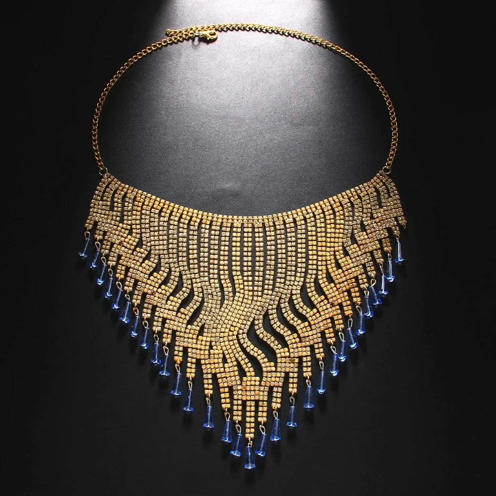 Gold Boho Blue Rhinestone Tassel Headpiece