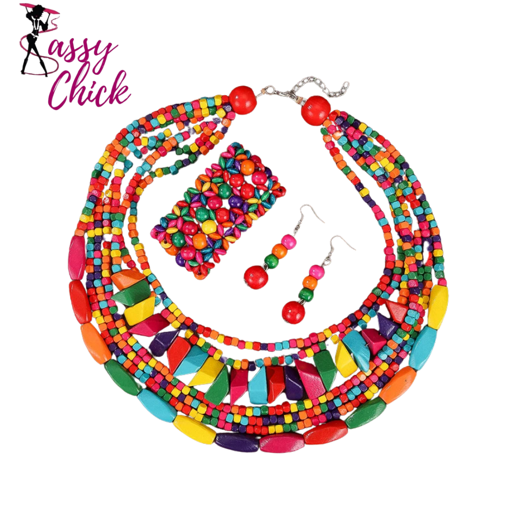 Boho Multilayer Big Colorful Wood Jewelry Set Sassy Chick Logo