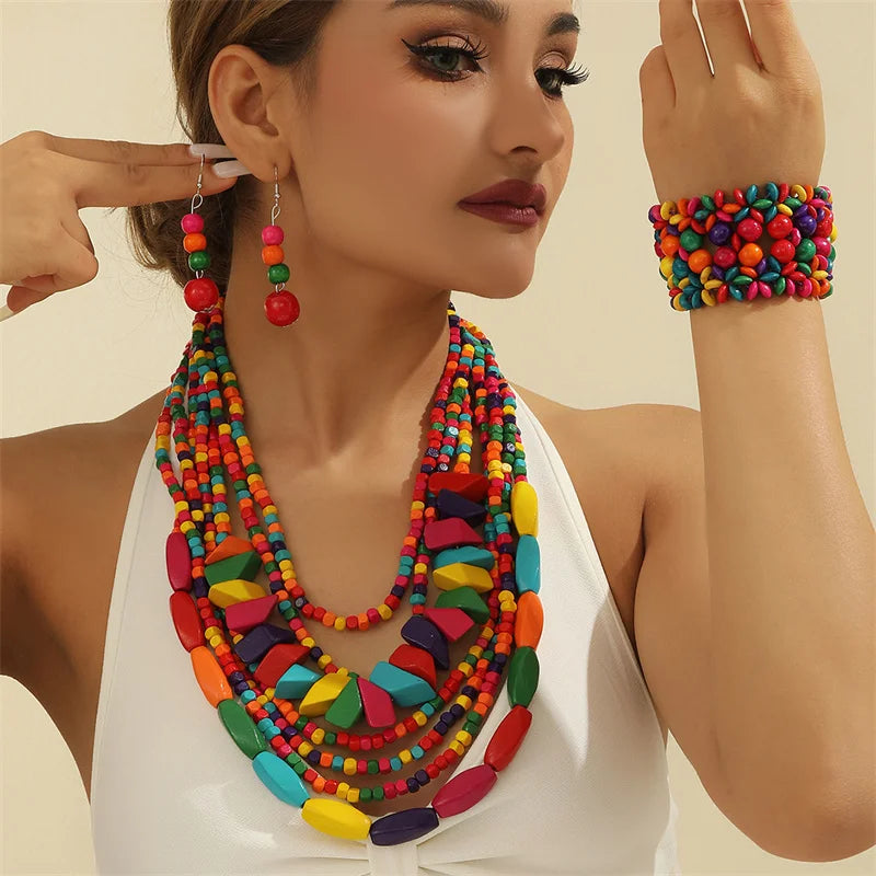 model using Boho Multilayer Big Colorful Wood Jewelry Set