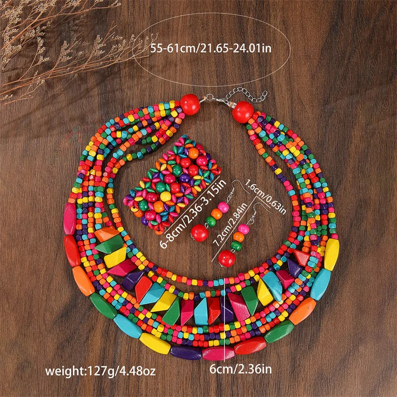 Boho Multilayer Big Colorful Wood Jewelry Set size
