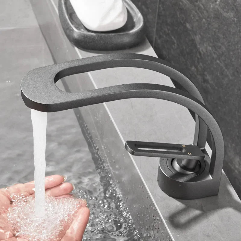 Brass bathroom basin mixer faucet with single handle grey