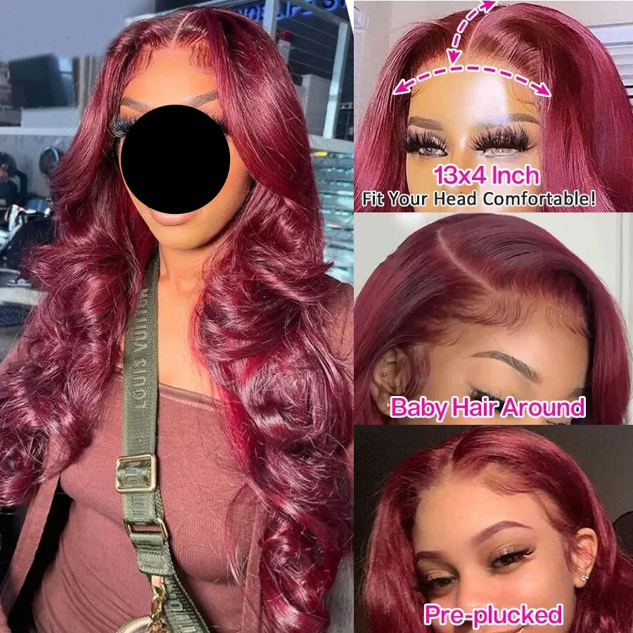 Brazilian  Burgundy Colored Transparent Lace Front Wigs size