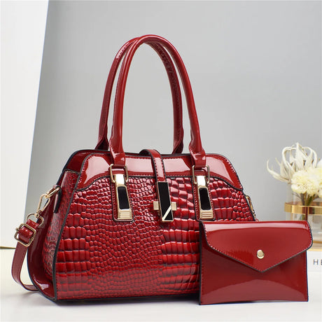 Red Bright Crocodile Leather Purse And Shoulder Bag