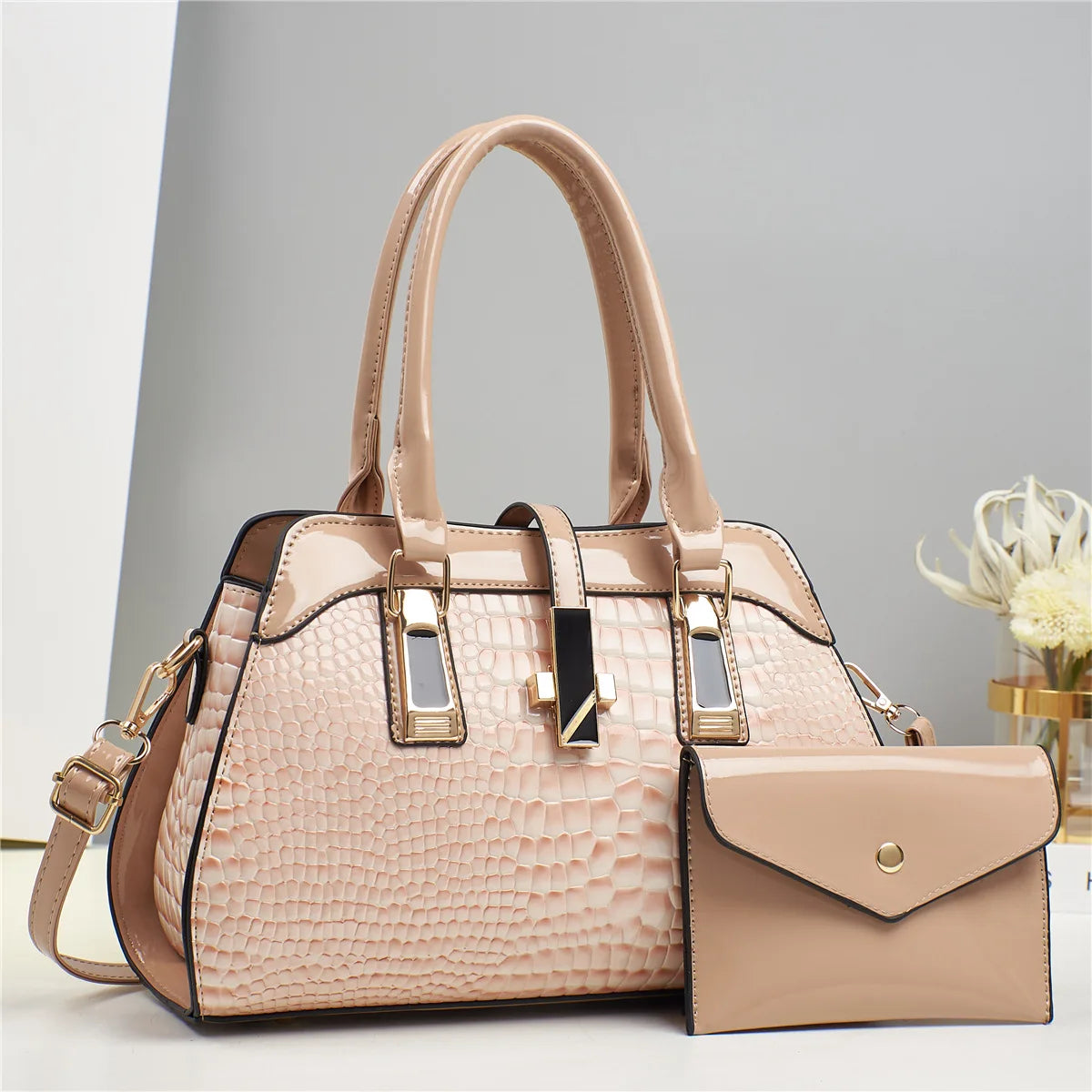 Beige Bright Crocodile Leather Purse And Shoulder Bag