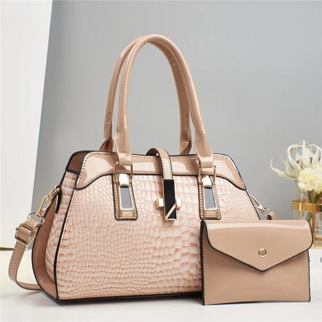 Beige Bright Crocodile Leather Purse And Shoulder Bag