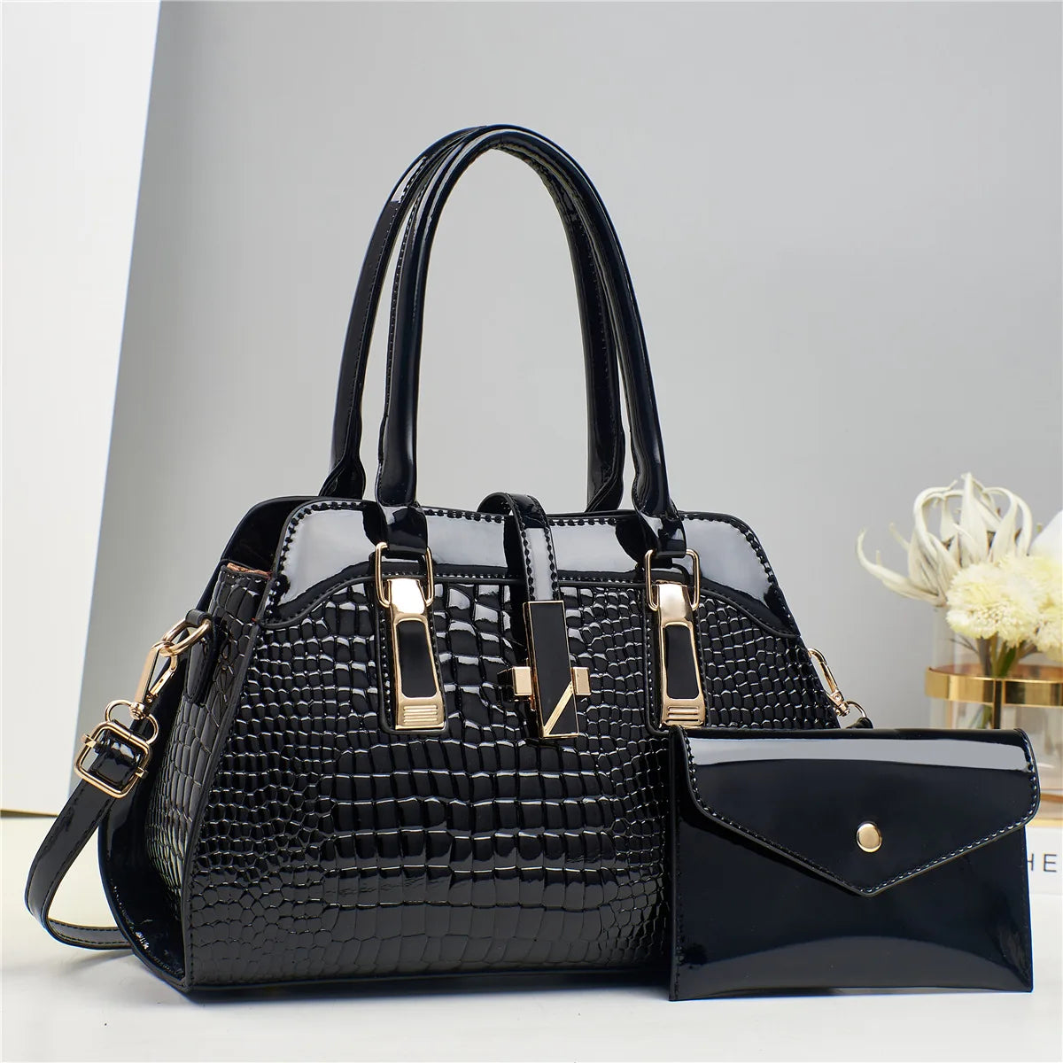 Black Bright Crocodile Leather Purse And Shoulder Bag