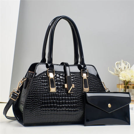 Black Bright Crocodile Leather Purse And Shoulder Bag