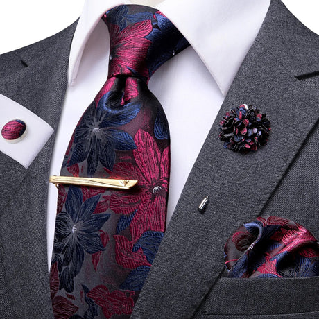 Red Blue Flower Design Silk Necktie 
