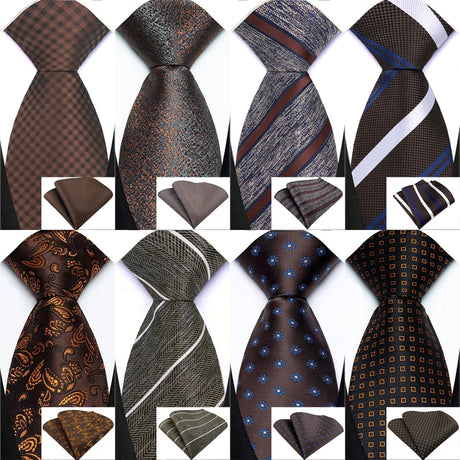 Collection of Brown Striped Paisley Jacquard Necktie Handkerchief Set