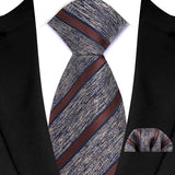 Brown Striped Paisley Jacquard Necktie Handkerchief Set