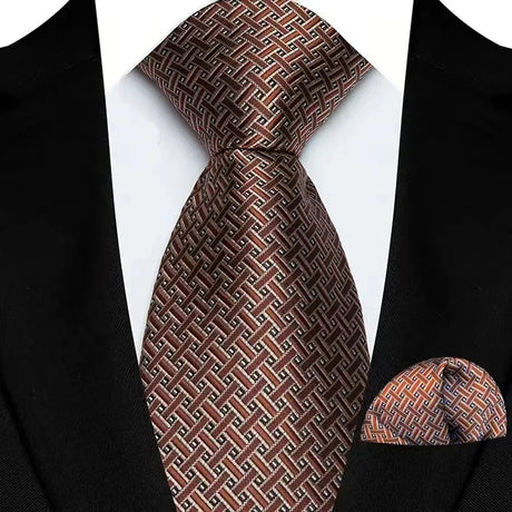 Brown Striped Paisley Jacquard Necktie Handkerchief Set