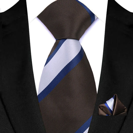 Brown Striped Paisley Jacquard Necktie Handkerchief Set