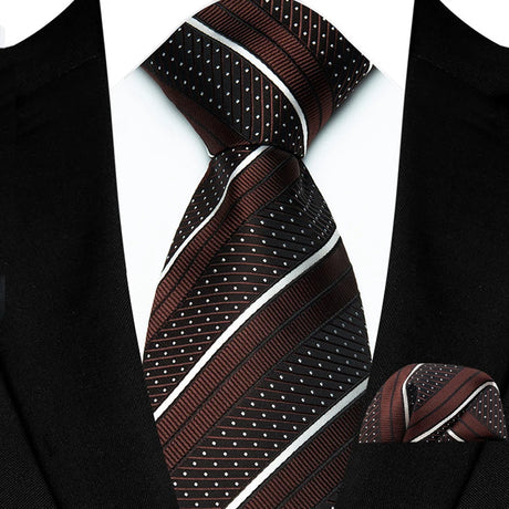 Brown Striped Paisley Jacquard Necktie Handkerchief Set
