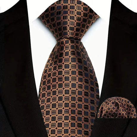 Brown Striped Paisley Jacquard Necktie Handkerchief Set