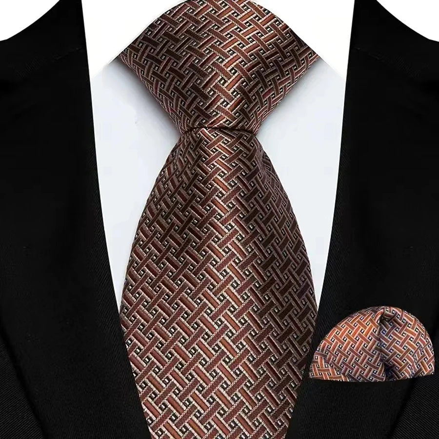 Brown Striped Paisley Jacquard Necktie Handkerchief Set
