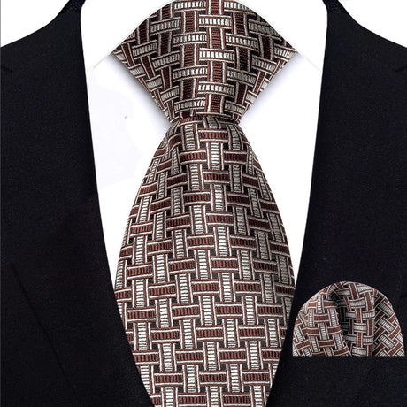 Brown Striped Paisley Jacquard Necktie Handkerchief Set